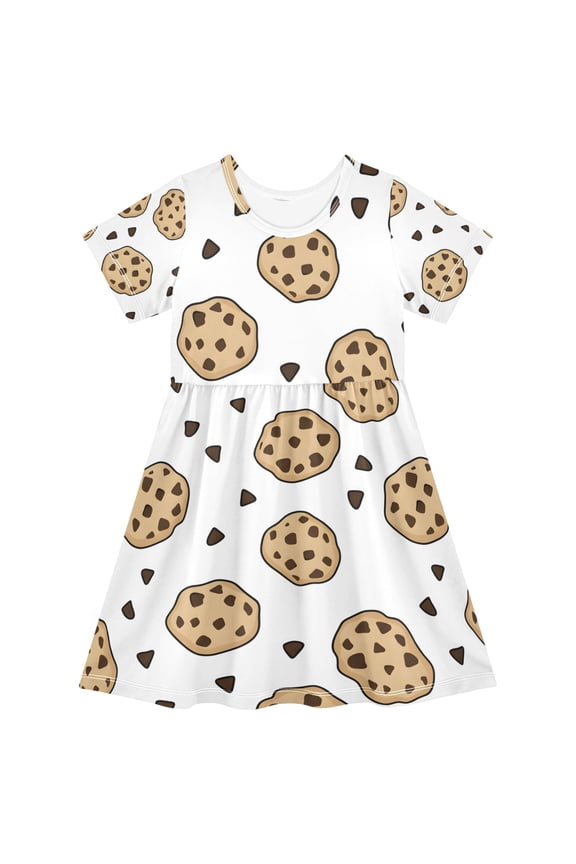 Chocolate Chip Cookies Pattern Girls Short Sleeve Dress A Line Sun Protection Breathable Comfort Sundress 5-6T