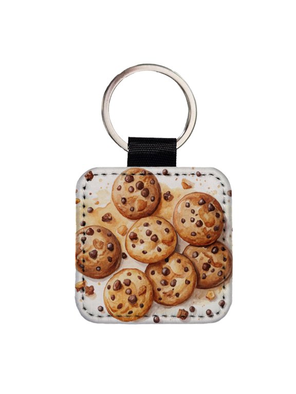 Chocolate Chip Cookies Watercolor Faux Leather Square Keychain