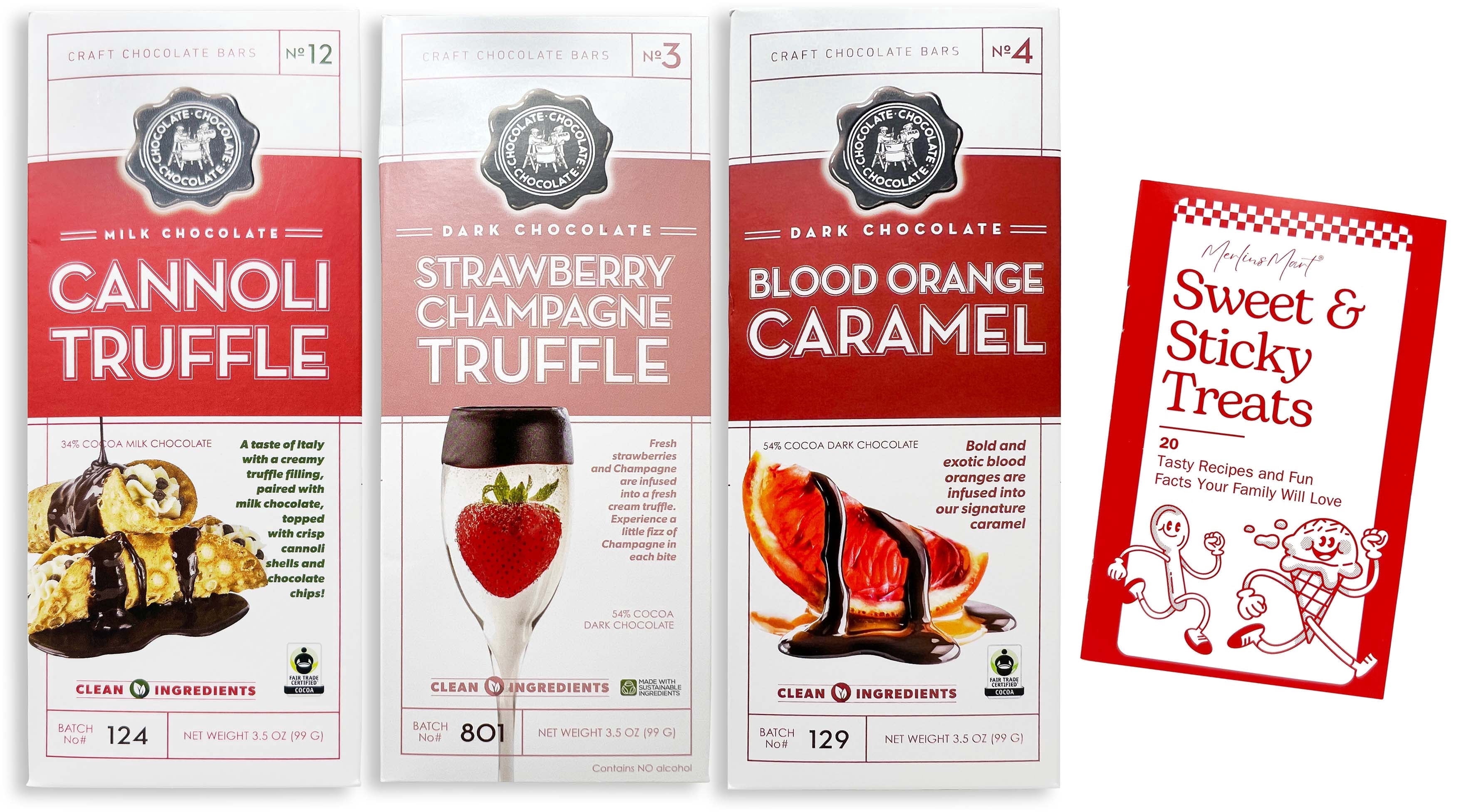 Chocolate Bars - 3 Flavors - 1 Each: Blood Orange Caramel, Cannoli Truffle, Strawberry Champagne Truffle (3.5 oz) + MerlinsMart Zine | Chocolate Chocolate Chocolate