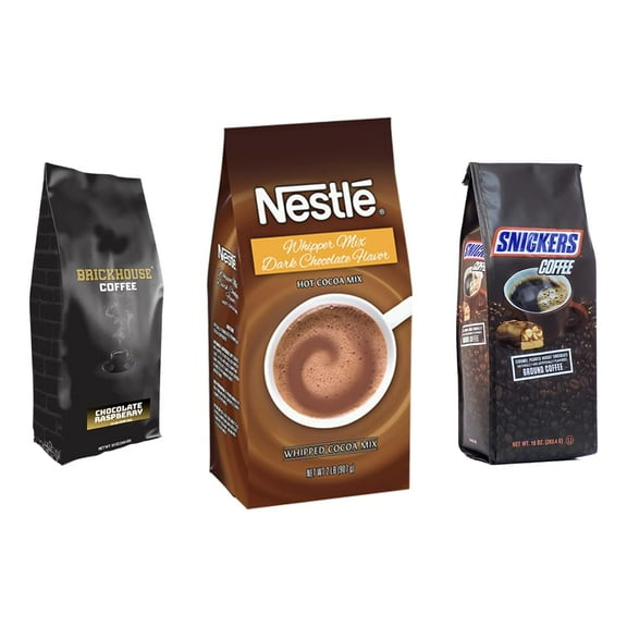 Chocolate Coffee & Cocoa Set: Brickhouse Chocolate Raspberry Coffee, Snickers Coffee, Nestle Dark Chocolate Cocoa Mix