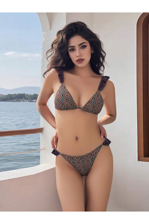 Chocolate Color Women Chocolate Geometric Print Triangle Bikini Set