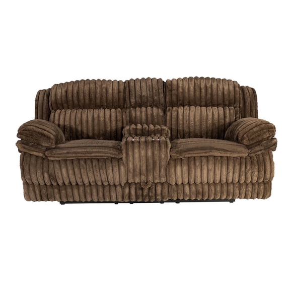Chocolate Corduroy Motion Loveseat with Console Storage & Cup Holders, Manual Recliner Sofa for Living Room