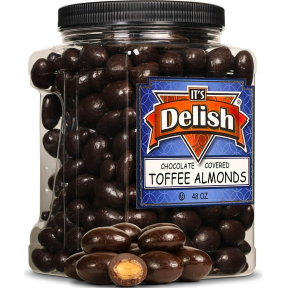 Chocolate Covered Toffee Coated Almonds by It's Delish, 48 OZ Jumbo Container  Dark Chocolate Candy Nuts Bulk Almond
