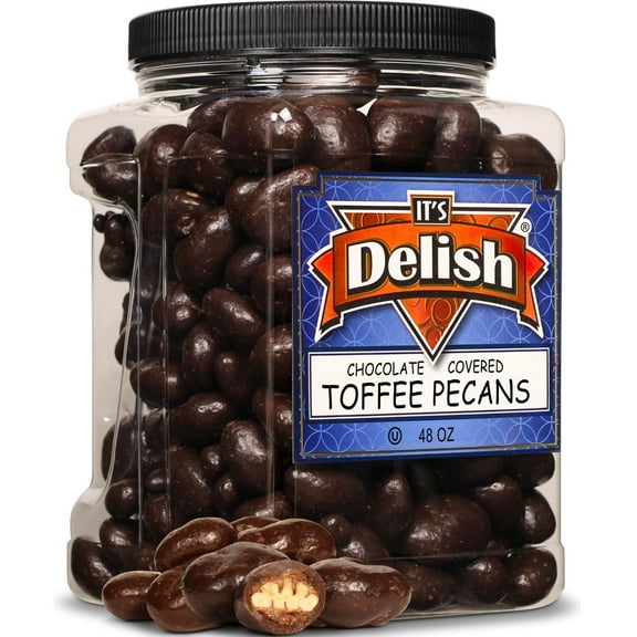 Chocolate Covered Toffee Coated Pecans by It's Delish, 48 OZ Jumbo Container Dark Chocolate Candy Nuts Bulk Pecans Chocolates Sweet & Crunchy Pecan Nut Snack Vegan, Kosher