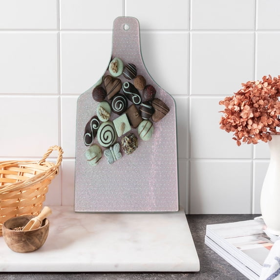 Chocolate Cutting Board, Chocolate Candies Heart Shape Composition on Pink Backdrop for St Valentines Day, Decorative Tempered Glass Cutting and Serving Board, in 3 Sizes, by Ambesonne