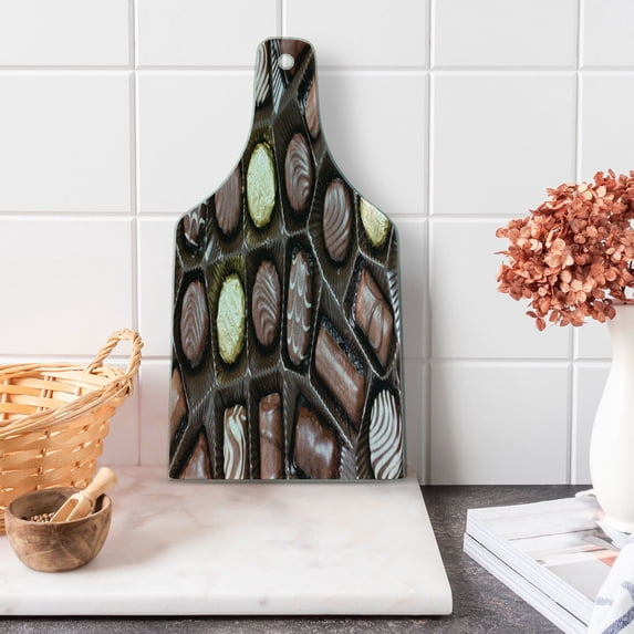 Chocolate Cutting Board, Close-up Image of a Chocolate Box Yummy High Calorie Snacks, Decorative Tempered Glass Cutting and Serving Board, in 3 Sizes, by Ambesonne