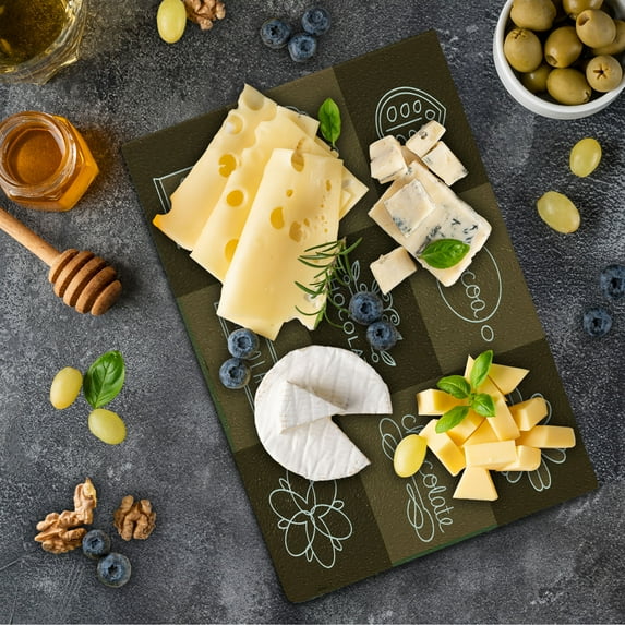 Chocolate Cutting Board, Cocoa and Chocolate Floral Inside Squares in Brown Shades, Decorative Tempered Glass Cutting and Serving Board, in 3 Sizes, by Ambesonne