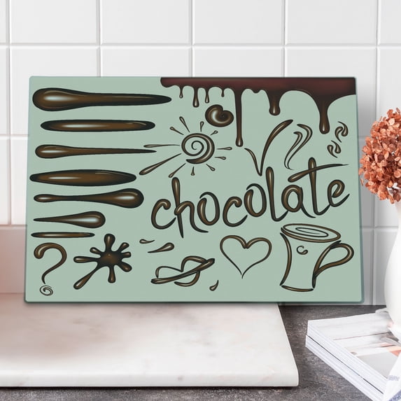 Chocolate Cutting Board, Chocolate Drips and Stains Coffee Cup Heart Lips and Sun, Decorative Tempered Glass Cutting and Serving Board, in 3 Sizes, by Ambesonne