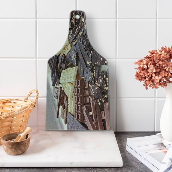 Chocolate Cutting Board, Pile of Assorted Chocolate Bars Black and White Pieces with Hazelnut, Decorative Tempered Glass Cutting and Serving Board, in 3 Sizes, by Ambesonne