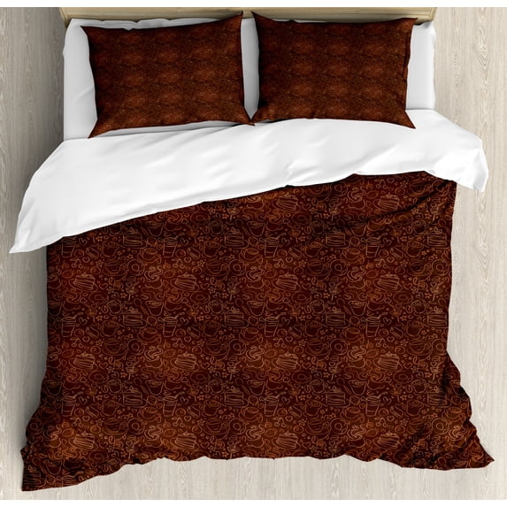 Chocolate Duvet Cover Set Queen Size, Coffee Time Theme with Hand-drawn Cake Fruit Donut Hearts, Decorative 3 Piece Bedding Set with 2 Pillow Shams, Dark Brown Cinnamon and Pale Brown, by Ambesonne