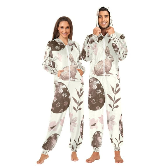 Chocolate Easter Eggs Rabbits Adult Onesie Pajamas Slim Fit Christmas One Piece Suit Pjs for Women and Men Hooded Zipper