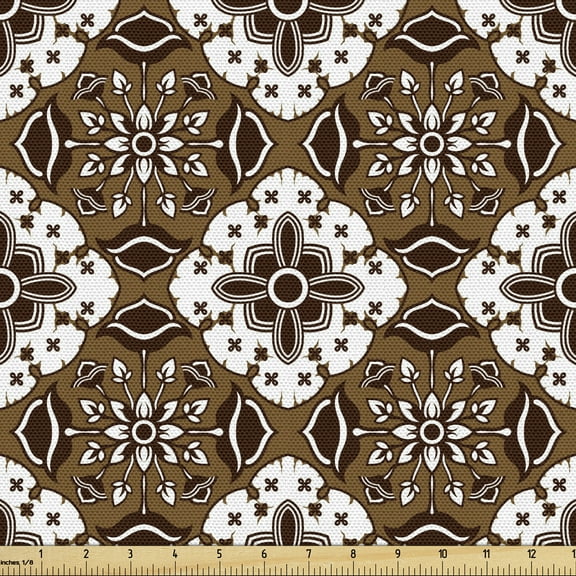Ambesonne Chocolate Fabric by the Yard Upholstery, Batik Floral Pattern, 5 Yards, Dark Brown White Brown