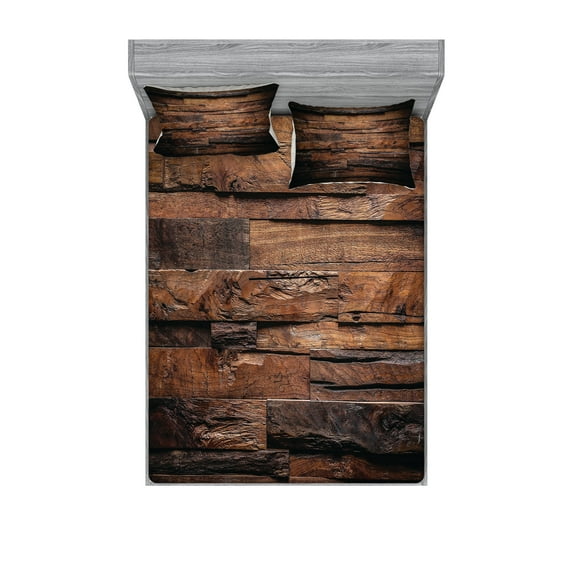 Chocolate Fitted Sheet & Pillow Sham Set, Rough Dark Timber Texture Image Rustic Country Theme Hardwood Carpentry, Decorative Printed 6 Piece Bedding Decor Set, Calking, Brown Dark Brown, by Ambesonne