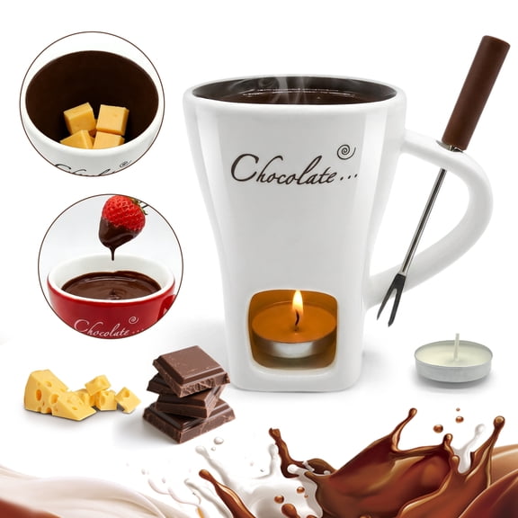 Chocolate Fondue Cup with Forks - Portable Ceramic Hot Pot Cup for Candle Heating, Perfect as Fondue Mug or Chocolate Fondue Mug- Mini Simmer Mug (White)