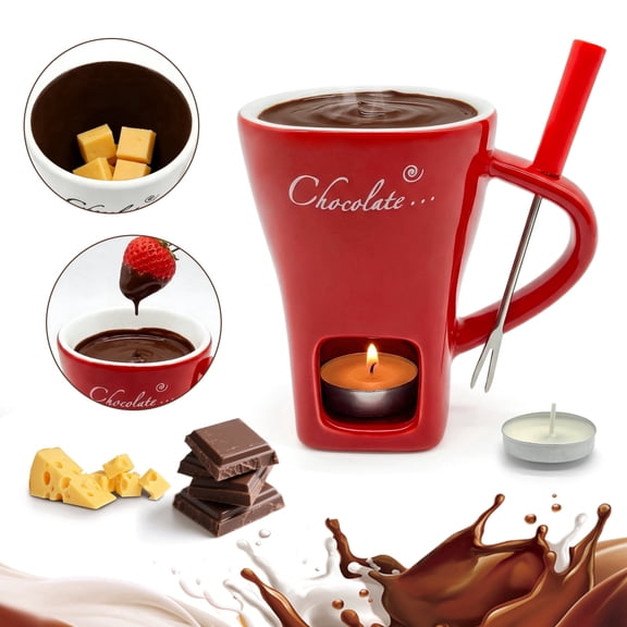 Chocolate Fondue Cup with Forks - Portable Ceramic Hot Pot Cup for Candle Heating, Perfect as Fondue Mug Valentine‘s Day Gift- Mini Simmer Mug (Red)