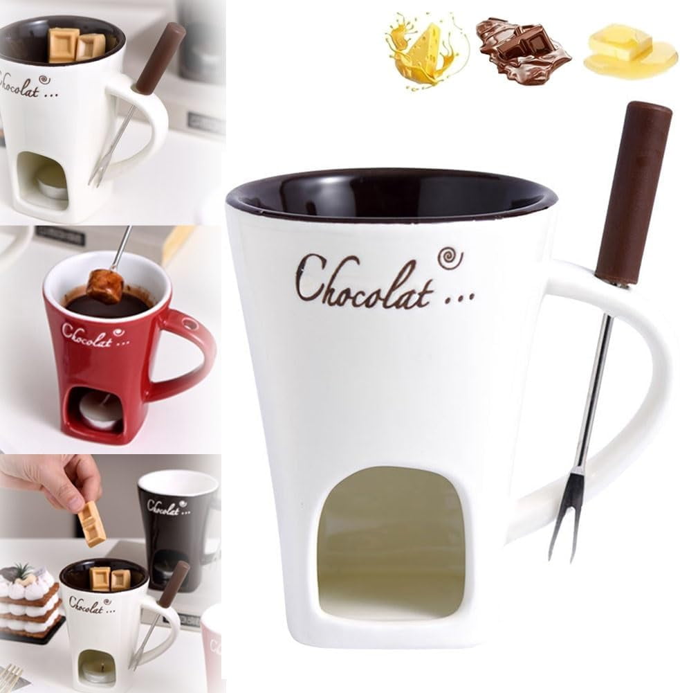 Tealight Chocolate Fondue Set - Ceramic Melting Mugs With Forks For Cheese & Butter (Red, Set Of 1)