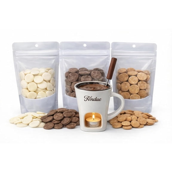 Chocolate Fondue Gift Set  Yogurt, Milk Chocolate & Peanut Butter Wafers  Fondue Mug with Fork & Tea Light Candles  Dessert Dipping Kit