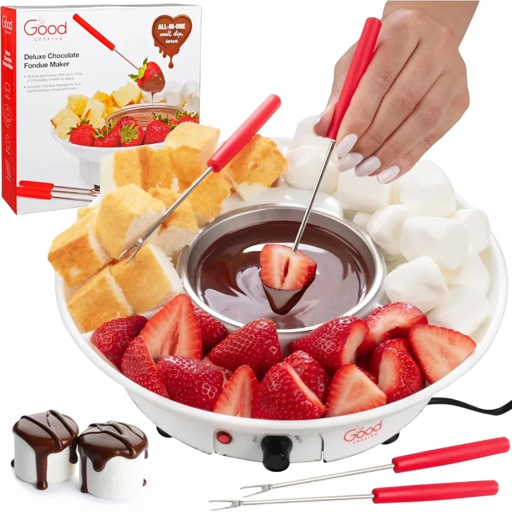 Service à Fondue Au Chocolat En Grès - 4 Pièces (pot, 4 Fourchettes) - Design Beige/blanc Moderne - Lavable Au Lave-vaisselle