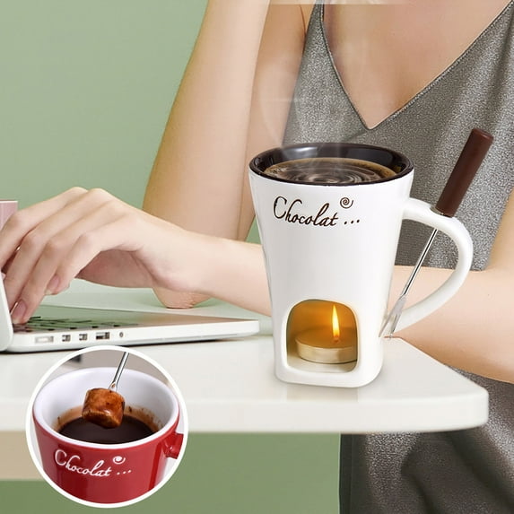 Chocolate Fondue Mug with Fork, Chocolate Fondue Cup, Personal Chocolate Melting Cup for Cheese, Ceramic Chocolate Melting Cup, Chocolate Melting Mug For Date Night Birthday Wedding Gifts (White)