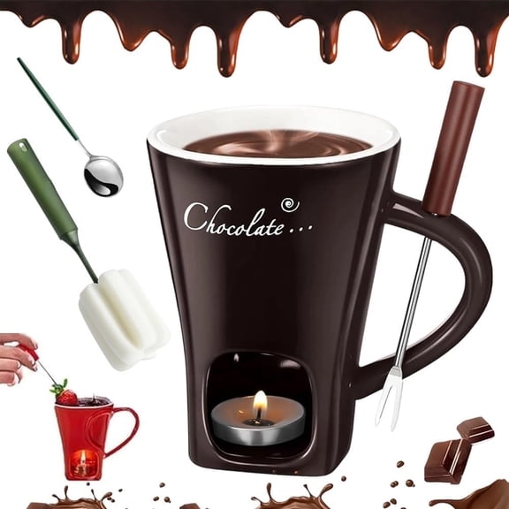 Chocolate Fondue Mug with Fork, Sweet Melting Cup with Tealights for Chocolate Cheese & Desserts Ceramic Fondue Pot Set Ideal Gift for Date Nights Birthdays Anniversary Weddings
