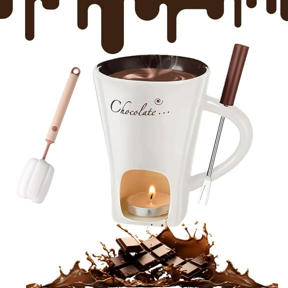 Chocolate Fondue Mug Set, 2-Piece Melting Mug with Forks & Candles, Ceramic Dessert Fondue Set for Date Night & Parties