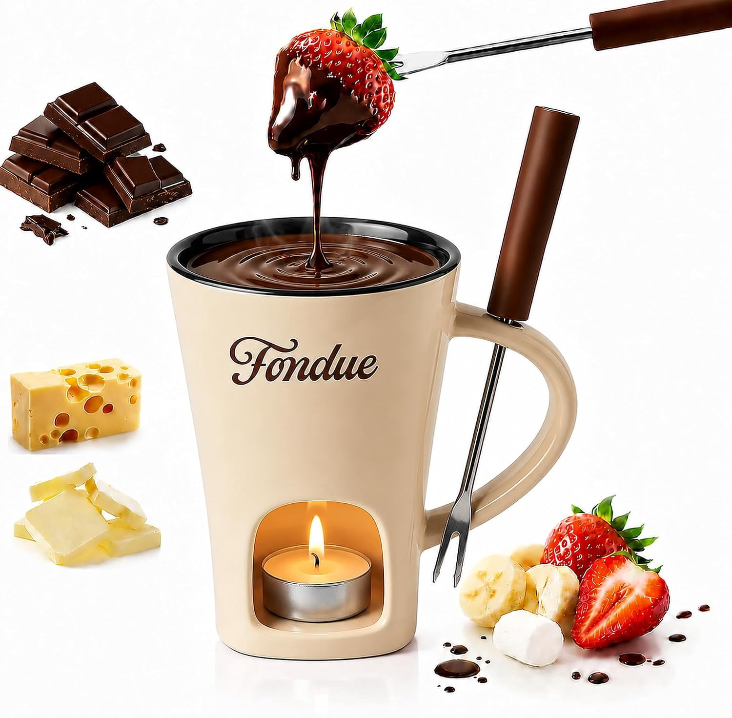 Chocolate Fondue Mug Set, Ceramic Chocolate Melting Cup (Beige) | 250ml ...
