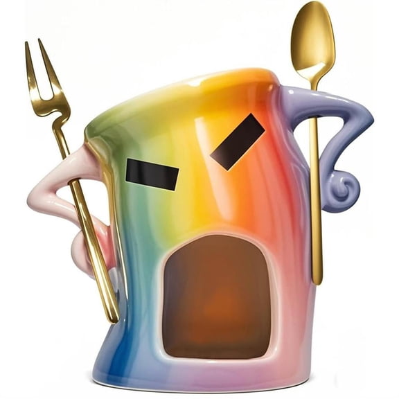 Chocolate Fondue Mug Set – Cute Ceramic Sweet Fondue Cup with Fork and Spoon for DIY Desserts, Gifts, and Family Gatherings, Microwave and Dishwasher Safe