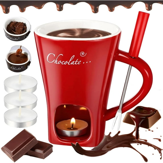 Chocolate Fondue Mug Set with Fork, 2026 Upgrade Personal Chocolate Melting Cup, Mini Ceramic Melting Mugs for Chocolate Cheese & Desserts, Ideal Gift for Date Nights Birthdays Anniversary (1*Red)