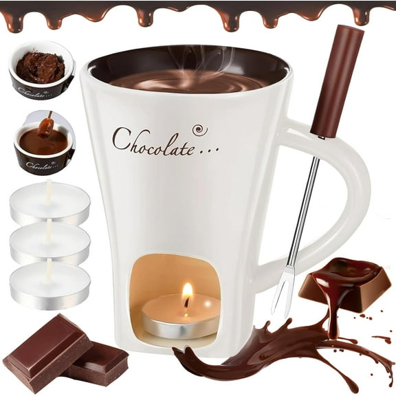 Chocolate Fondue Mug Set with Fork, 2026 Upgrade Personal Chocolate Melting Cup, Mini Ceramic Melting Mugs for Chocolate Cheese & Desserts, Ideal Gift for Date Nights Birthdays Anniversary (1*White)