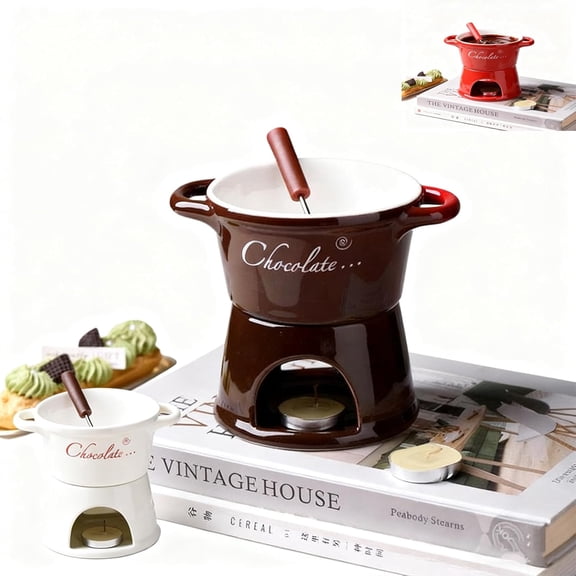 Chocolate Fondue Mug Set – Heat-Resistant Ceramic Fondue Cups with Forks, Reusable Chocolate Melting Cup & Fondue Set for Cheese, Chocolate & Desserts, Perfect for Date Night & Parties (Red)