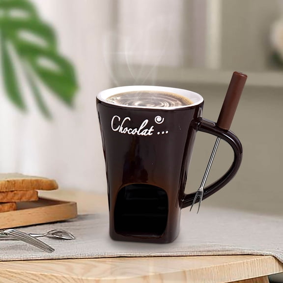 Chocolate Fondue Mugs with Forks, Multi-Purpose Fondue Cup for Chocolate Cheese Butter, Chocolate Melting Mug 180ml/6 FL OZ, Tealight Candle Mini Ceramic Simmer Mug