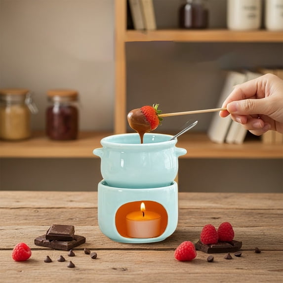 Chocolate Fondue Pot Set - Premium Ceramic, Even Heat Melting, Compact Design, Home Kitchen Dessert Forks Included