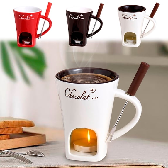 Chocolate Fondue Pot Set with Candle Warmer, Ceramic Cheese Melting Cup for Dipping Fruit, Melting Chocolate, Cheese and Warming Milk