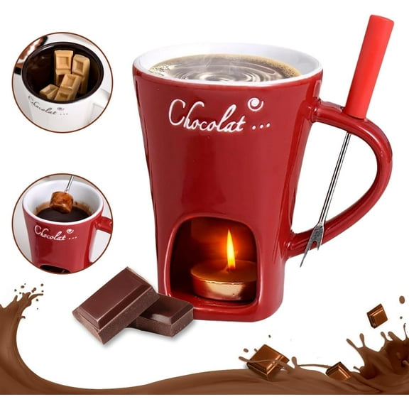 Chocolate Fondue Set, 200ml Ceramic Melting Mug with Forks, Mini Fondue Pot for Chocolate Cheese Caramel, Romantic Date Night Birthday Wedding Gift