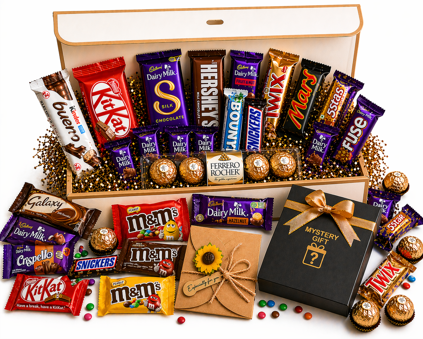 Chocolate Gift Box for Her – 20+ Assorted Chocolates, Greeting Card & Mystery Gift Hamper for Women, Wife, Girlfriend, Mom, Sister