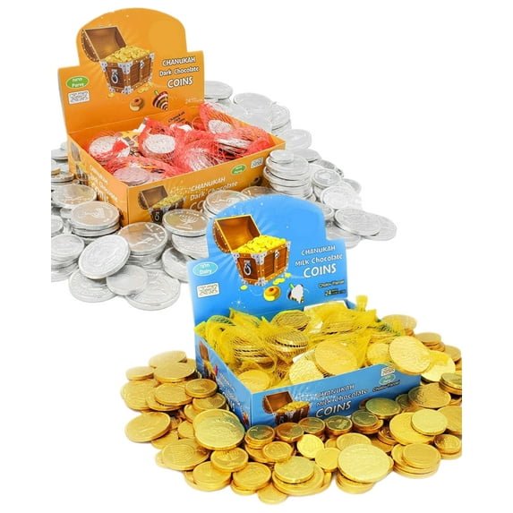 Hanukah Gelt Variety Pack Kosher Gold Coins Milk and Dark Chocolate 24 Mesh Bags
