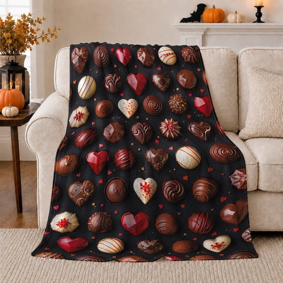 Chocolate Hearts and Truffles on Black, Romantic Dessert Style for Chocolate Lovers, Rich Candy Assortment and Anniversary Gift, Soft Flannel Blanket for Bedroom and Guest Room, Home Decor
