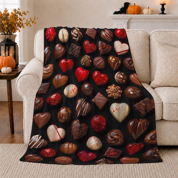Chocolate Hearts and Truffles on Black, Romantic Dessert Style for Chocolate Lovers, Sweet Candy Pattern and Valentine's Day Gift, Cozy Flannel Blanket for Bedroom and Guest Room, Home Decor