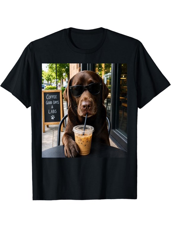 Chocolate Lab Coffee Funny Dog Cafe Lover Art T-Shirt BLACK Unisex S-5XL Hot Trending Shirt, Vintage Birthday Gift