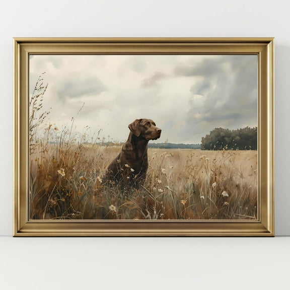 Chocolate Lab Field Print Rustic Dog Art Landscape, Brown Dog Wall Decor, Autumn Prairie Pet Portrait, Farmhouse Animal Gift Wall Art, Modern Wall Decor, 16x24 UNFRAMED