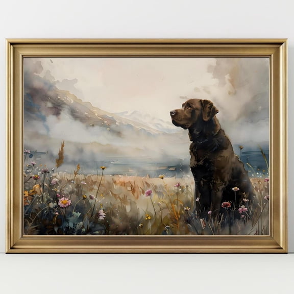 Chocolate Lab In Alpine Meadow Dog Art Print Mountain Landscape Wall Decor Rustic Pet Portrait Poster Art