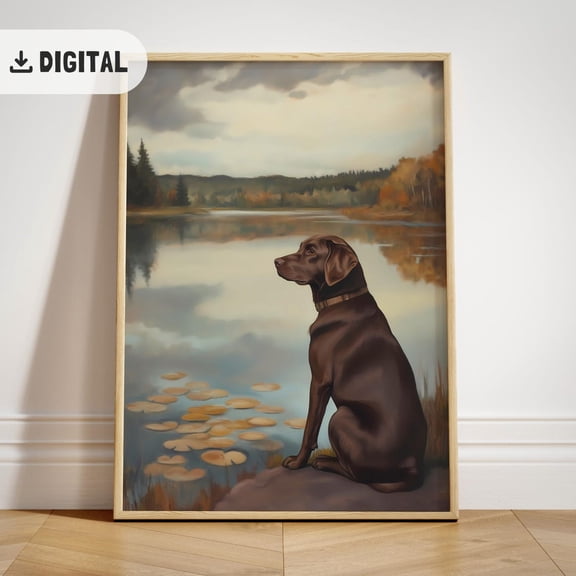 Chocolate Lab Lake Poster: Vintage Autumn Dog Art, Unframed Poster Size 24x36