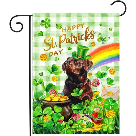 Chocolate Lab St Patricks Day Garden Flag Labrador Dog St Patrick''s Day Yard Flags for Outside 12x18 Double Sided Buffalo Plaid Shamrock Flag Small Outdoor Rainbow St Patrick''s Decor