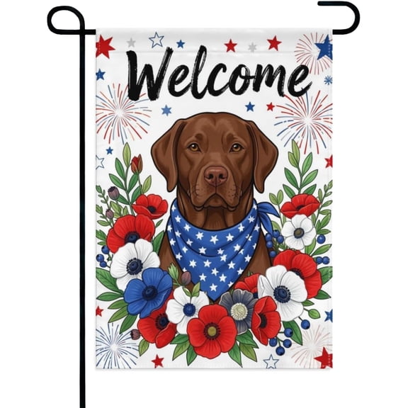 Chocolate Lab Welcome Garden Flag Double Sided Patriotic Floral Dog Outdoor Yard Decoration 12 x 18 Inch