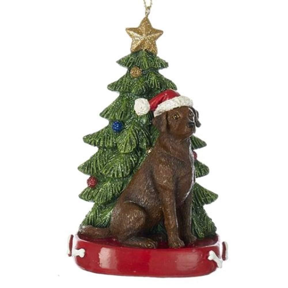 Chocolate Lab with Santa Hat and Christmas Tree Ornament