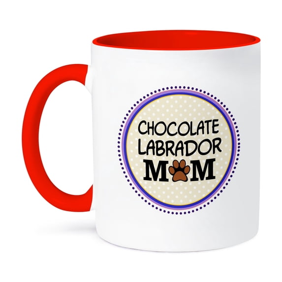 3dRose, Chocolate Labrador Dog Mom - Doggie mama by breed - Lab paw print mum love- doggy lover - pet owner, 15oz Two-Tone Red Mug