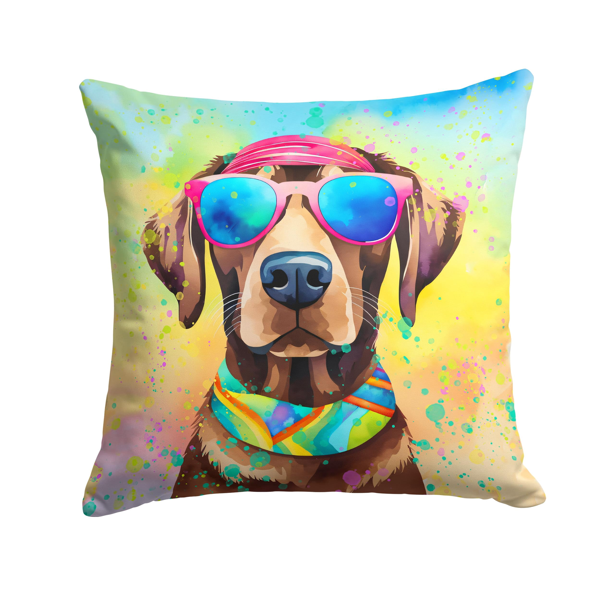 Chocolate Labrador Hippie Dawg Fabric Decorative Pillow 14 in x 14 in