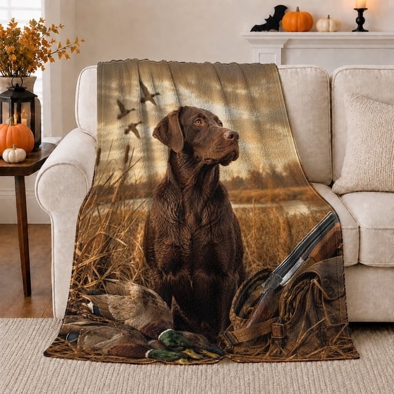 Chocolate Labrador Hunting Wetlands Scene Rustic Outdoor Art, Peaceful Pet Portrait Pattern, Warm Flannel Blanket for Cabin and Lodge, Dog Lovers Father's Day Gift, Pet Lover Home Decor