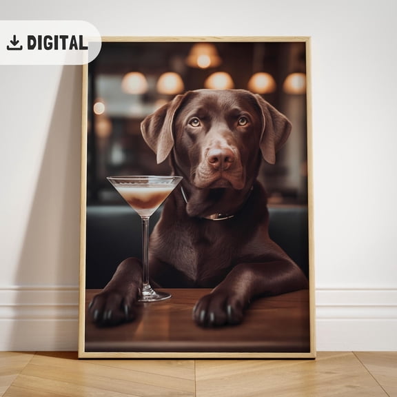 Chocolate Labrador Retriever Cocktail Art Poster, Restaurant Wall Decor, Lab Dog Bar Decoration, Unframed Poster Size 8x12