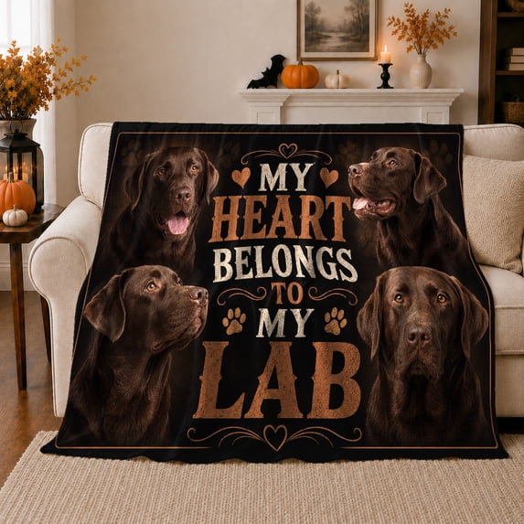 Chocolate Labrador Retriever My Heart Belongs My Lab, Playful Pet Portrait Pattern, Warm Flannel Blanket for Living Room and Reading Nook, Dog Moms person's Day Gift, Pet Lover Home Decor